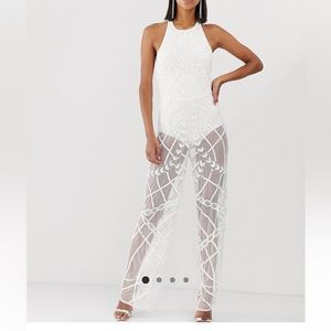 Halter Neck Sheer Embellished Jumpsuit in White Silver